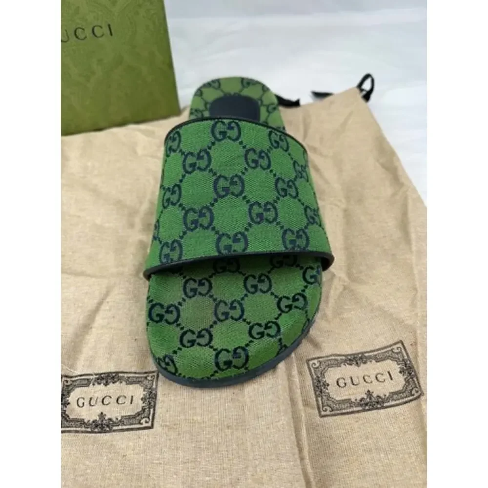 Gucci GG Monogram Sandals 665660 Green Canvas Mens US 9.5 SPB-TS 340692